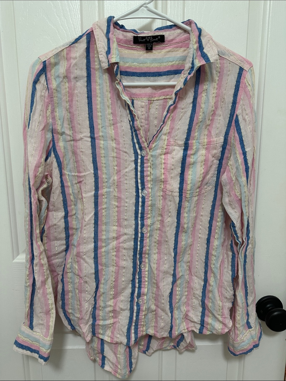 0241 Velvet Heart Medium Striped Button-Down Shirt | Pink Blue Lightweight